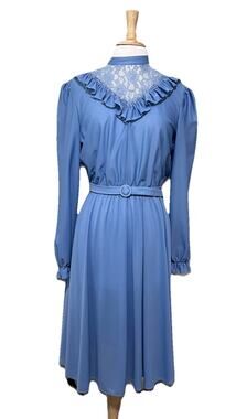 Boston Maid 70s Prairie Midi Dress High Ruffle Lace Neck Powder Blue size 16